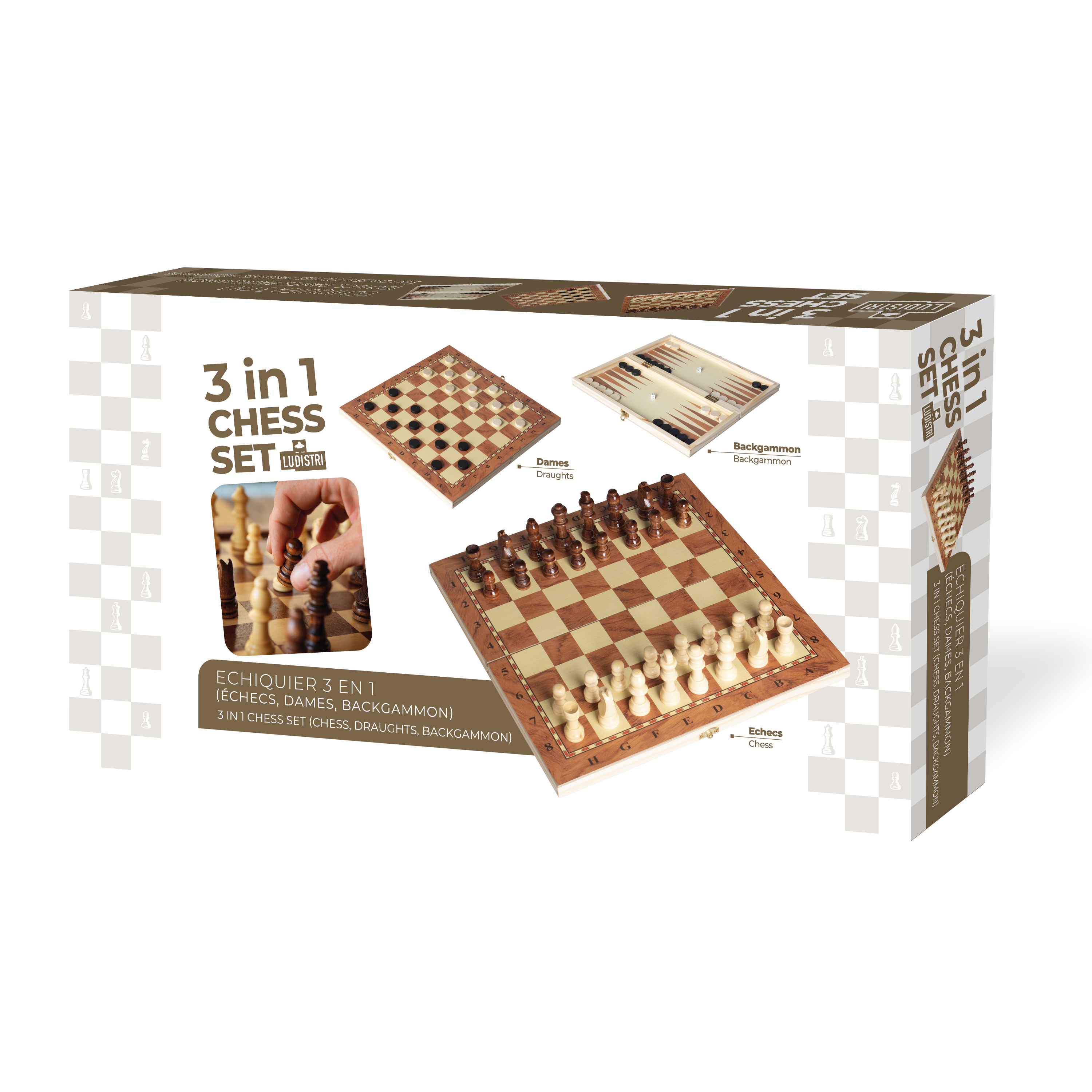 Boite de Echiquier 3 en 1 (Échecs, Dames, Backgammon)