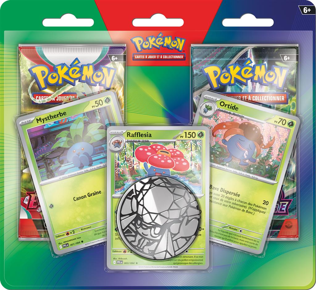 Face française du Duopack Pokémon Mystherbe, Ortide et Rafflesia de mars 2026, avec les trois cartes promo et la pièce Méga-Diancie